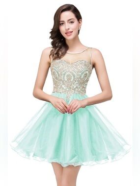 NWT green gold lace beaded Sheer Tulle short A Line Formal Party Prom Dress